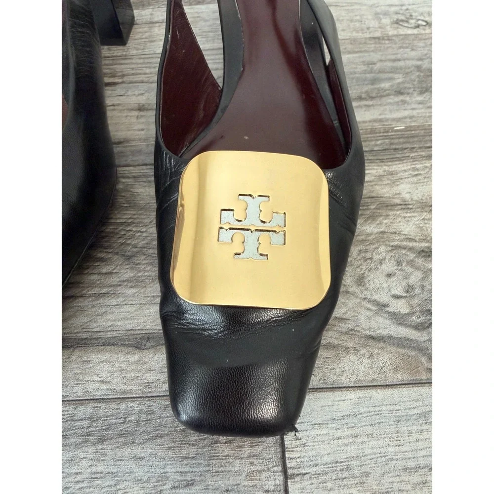 Tory Burch Georgia Slingback Heels Size 10M Black Gold Logo Square Toe